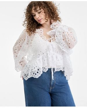 On 34th Trendy Plus Size Tie-front Cut-work Blouse - White