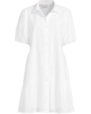 Lands' End Elbow Sleeve Eyelet Knee Length Shirt Dress - White