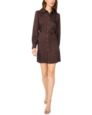 Cece Long-sleeve Button-down Pleated Mini Dress - Brown