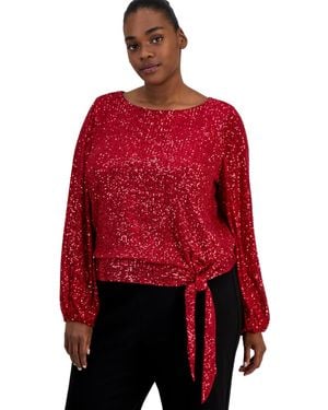 Tahari Plus Size Sequin Boat Neck Long-sleeve Blouse - Red
