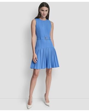DKNY Sleeveless Jewel Neck Pleated Drop Waist Mini Dress - Blue