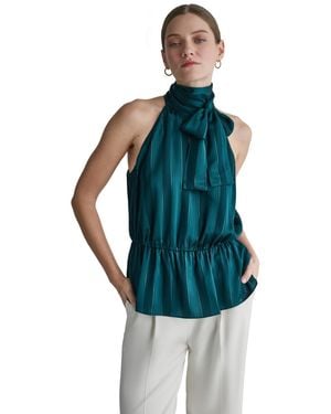 BCBGMAXAZRIA Halter Peplum Satin Blouse - Blue