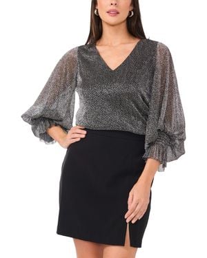 Vince Camuto Metallic V-Neck Sheer Sleeve Top - Gray