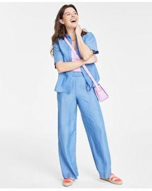 On 34th Ribbed Scoop Neck Tank Top Short Sleeve Button Front Pocket Shirt High Rise Chambray Wide Leg Pants Created For Macys - Blue