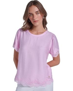 KARL LAGERFELD Petite Lace-trim Short-sleeve Blouse - Purple