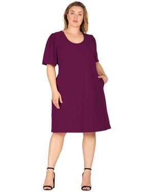 Standards & Practices Plus Size Puffed Sleeves Scoop Neck Midi Dress - Purple