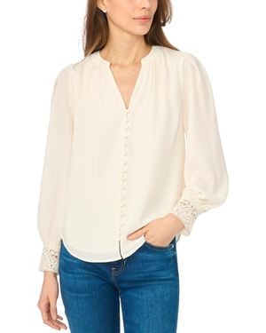 Cece Lace-cuff Button-front V-neck Blouse - White