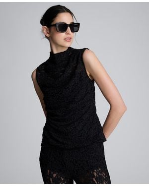 Kenneth Cole Lace Front Drape Mock Neck Tank Top - Black