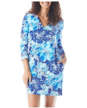 Beach House Style Quinn Split Neck Tunic Dress - Blue