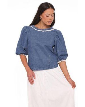 Petal & Pup Merli Denim Open-back Puff-sleeve Top - Blue