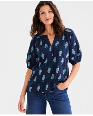 Style & Co. Petite Elbow-length Sleeve Split Neck Top - Blue