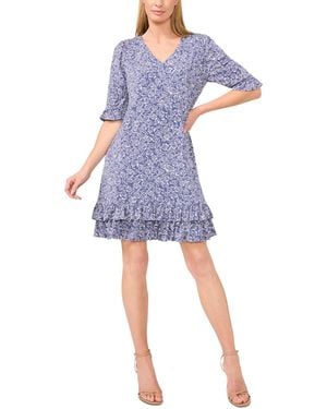 Cece Printed V-neck Tiered-ruffle-trim Dress - Blue