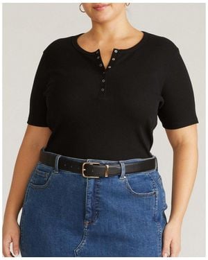 UNIVERSAL STANDARD Plus Size Henley Short Sleeve Ribbed Tee - Black