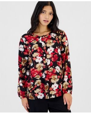 Anne Klein Essentials Petite Long-sleeve Floral-print Crewneck Blouse - Red