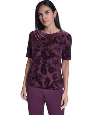 Calvin Klein Short-sleeve Pleated Floral Blouse - Purple