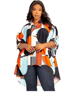 Buxom Couture Plus Size Geometric Print Flowy Hi-lo Blouse - Blue