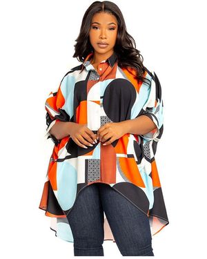 Buxom Couture Plus Size Geometric Print Flowy Hi-lo Blouse - Blue