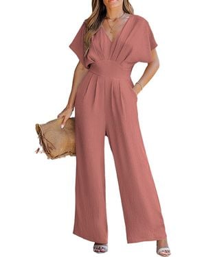 CUPSHE V-neck Short Sleeve Straight Leg Jumpsuit - Red