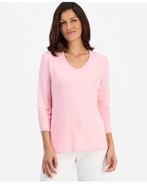 Style & Co. Cotton 3/4-sleeve V-neck Tee - Pink