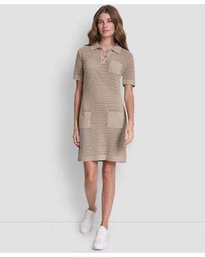 DKNY Polo Collar Crochet Stitch Short Dress - Natural