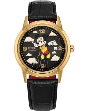 Citizen Disney | Macy's Mickey Mouse Parade Balloon Black Leather Strap Watch 40mm - Metallic