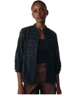 The Fold Nola Mandarin Collar 3/4-sleeve Textured-embroidery Blouse - Black