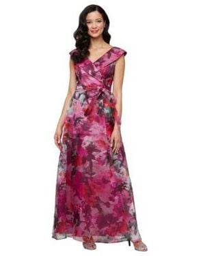 Alex Evenings Printed V Neck Long A Line Gown - Purple