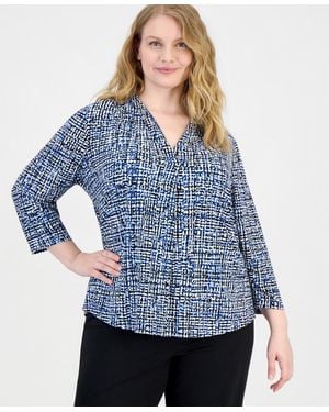 Anne Klein Essentials Plus Size Pleated 3/4-sleeve Top - Blue
