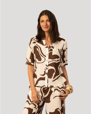 Cable & Gauge Printed Linen Blend Button Front Top - Multicolor