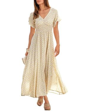 Lascana Floral V-neck Maxi Dress - Natural