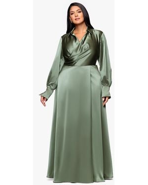 Xscape Plus Size Collared A-line Maxi Gown - Green
