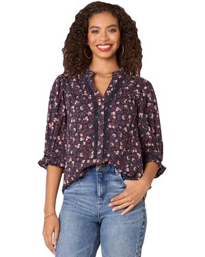 Democracy Petite Printed Crochet-trim Cotton Button-front Shirt - Purple