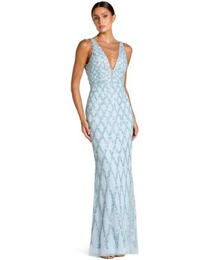 Mac Duggal Sequined Plunge Neck Sleeveless Column Gown - Blue