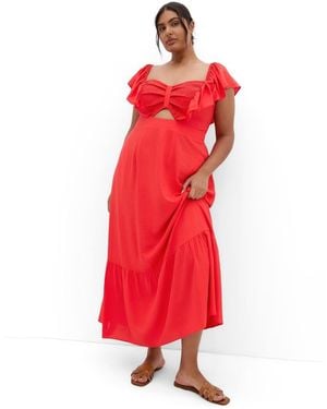 City Chic Plus Size Alora Strap Front Frill Maxi Dress - Red