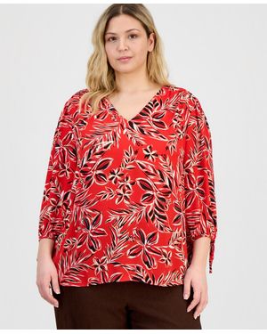 Anne Klein Essentials Plus Size V-neck 3/4-sleeve Top - Red