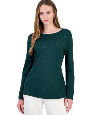 Anne Klein Petite Belted Boat-neck Long-sleeve Knit Pullover - Green