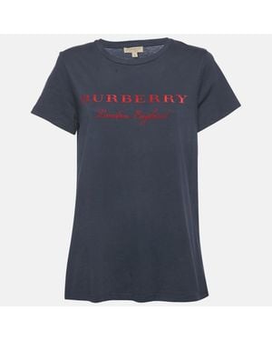 Pre-owned Burberry Navy Blue/red Logo Flocked Jersey T-shirt