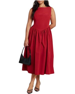 Eloquii Plus Size Boat-neck Fit-and-flare Taffeta Midi Dress - Red