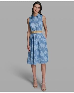KARL LAGERFELD Petite Collared Neck Burnout Midi Dress - Blue