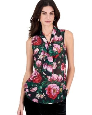 Tahari Tie-front Floral-print Sleeveless Blouse - Red