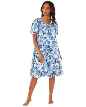 Dreams & Co. Short Floral Print Cotton Gown - Blue