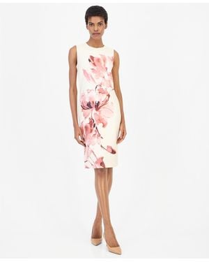 Anne Klein Printed Scuba Sleeveless Floral Crewneck Dress - White