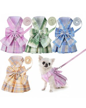 Aronkl 4 Cute Plaid Dog Dress Set - Pink