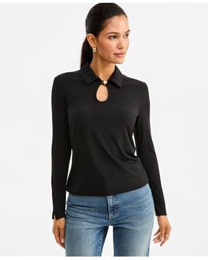 INC International Concepts Long-sleeve Collared Keyhole Blouse - Black