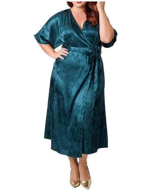 Unique Vintage Plus Size Tie Wrap Surplice Midi Dress - Blue