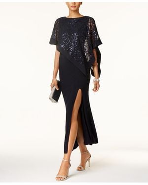 R & M Richards Sequined Lace Cape Gown - Blue