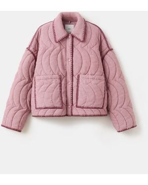 Mango Contrasting Trim Quilted Jacket - Pink