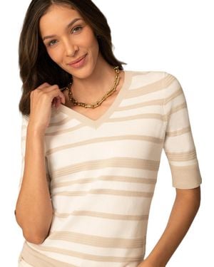 Cable & Gauge V-neck Texture Stripe Sweater - White
