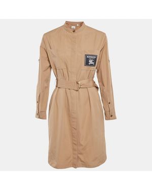 Pre-owned Burberry Brown Cotton Label Detail Button Front Belted Short Dress - Natural