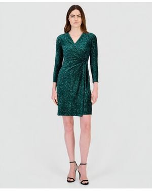 Anne Klein Classic Velvet Sequin Faux-wrap Dress - Green